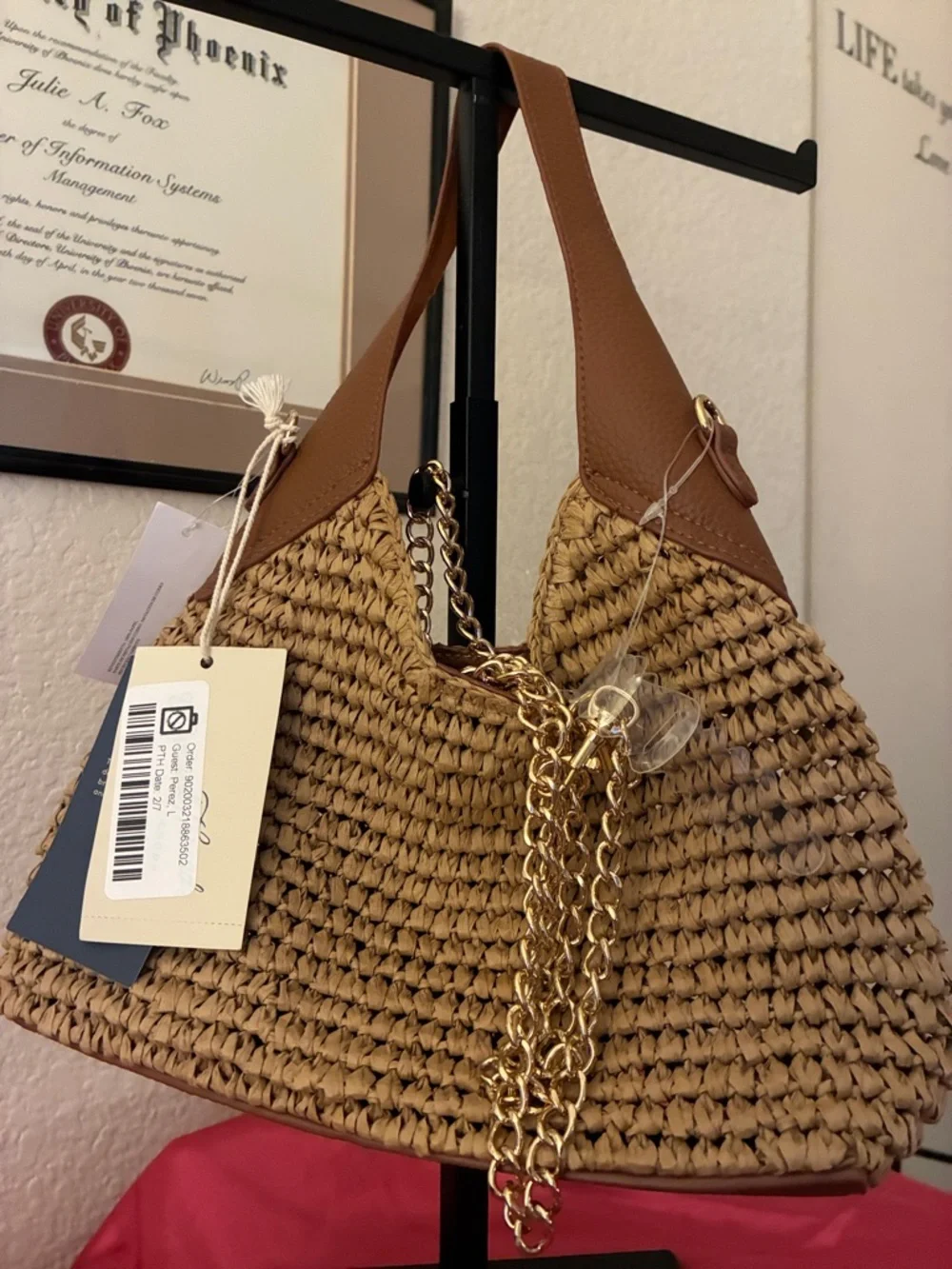 Woven Straw Hobo Bag with Gold Chain - Brown-NWT - Picture 2 of 2